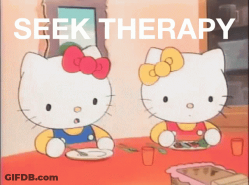 Two Hello Kitty Characters Sitting At A Table With The Words Seek Therapy Written Above Them GIF