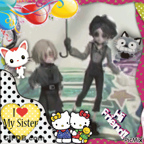 Two Hello Kitty Dolls And Boy Holding Umbrella GIF