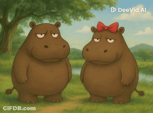 Two Hippos Standing With Deevid AI Logo GIF
