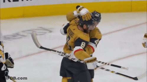 Two Hockey Players Are Hugging Each Other And One Has The Number 8 On His Jersey GIF