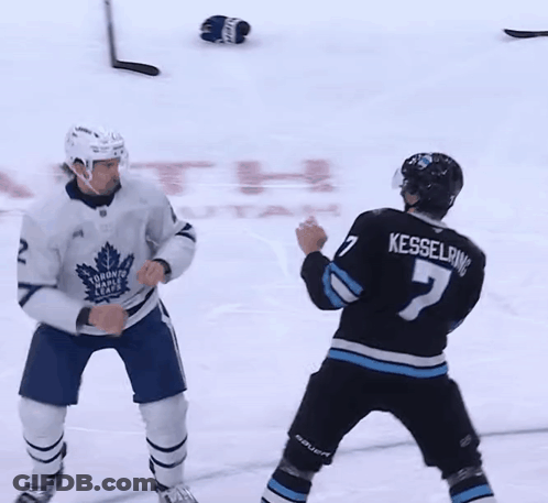 Two Hockey Players Fighting In Front Of Utah Logo GIF