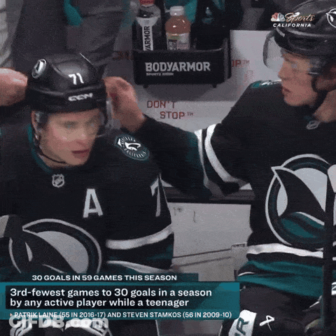 Two Hockey Players High Five In Front Of Bodyarmor Box GIF