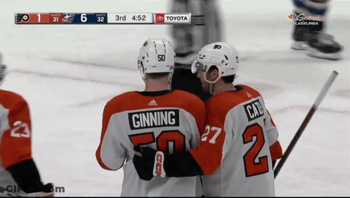 Two Hockey Players One Of Whom Has The Number 2 On Their Jersey GIF
