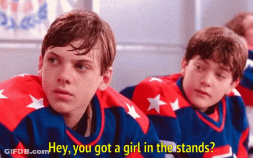 Two Hockey Players One Says Hey You Got A Girl In The Stands GIF