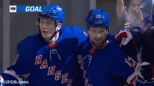 Two Hockey Players Wearing Blue Rangers Jerseys Are Standing Next To Each Other GIF