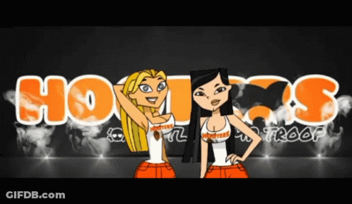 Two Hooters Troop Girls In Front Of Hooters Logo GIF
