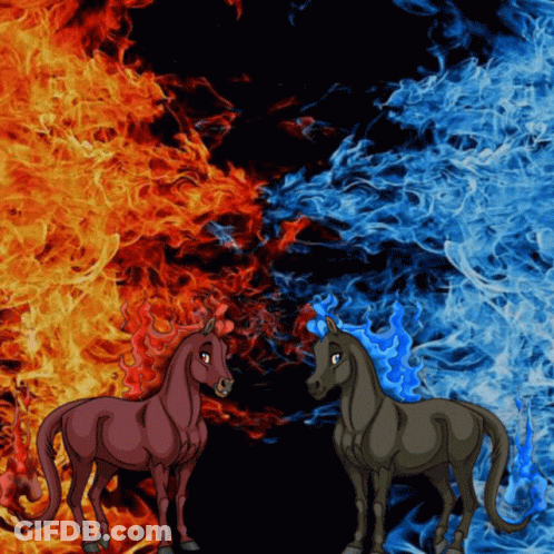 Two Horses Are Standing Next To Each Other With Fire And Water In The Background GIF