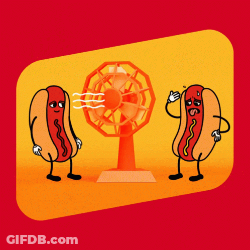 Two Hot Dogs Standing In Front Of Fan One Sweating GIF