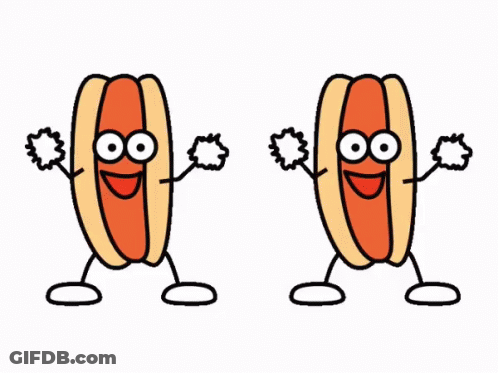 Two Hot Dogs With Arms And Legs Are Standing Next To Each Other GIF