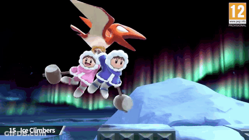 Two Ice Climbers Are Flying In The Air With A Pterodactyl In The Background GIF
