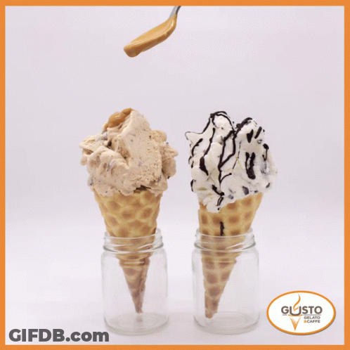 Two Ice Cream Cones In Jars With A Logo For Gusto GIF