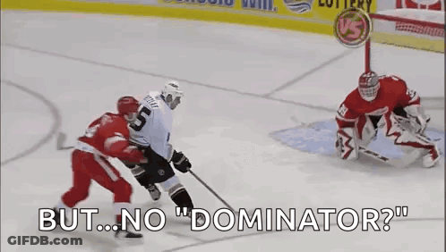 Two Ice Hockey Players Are Playing A Game And One Of Them Is Asking The Other Player If He Is The Dominant Player . GIF