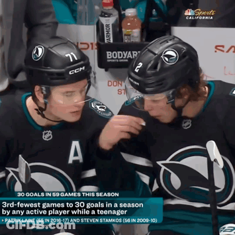 Two Ice Hockey Players Talking 30 Goals In 59 Games This Season GIF