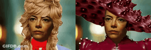 Two Images Of A Woman With Blonde Hair And A Red Hat GIF