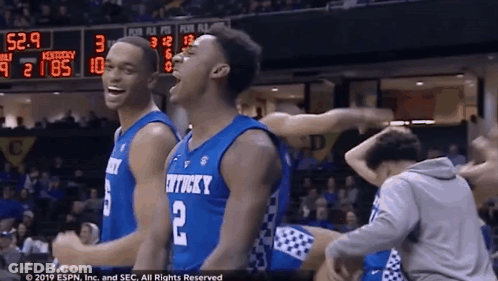 Two Kentucky Basketball Players Celebrating On Court GIF