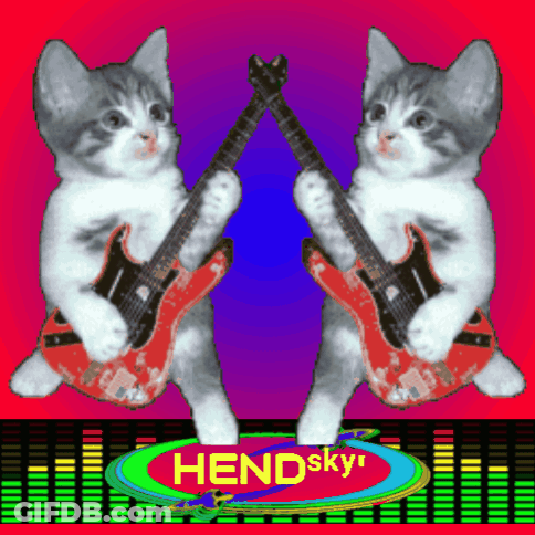 Two Kittens Playing Guitars In Front Of Hend Sky Logo GIF