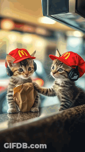 Two Kittens Wearing Mcdonald 'S Hats And Headphones Holding A Bag Of Food GIF
