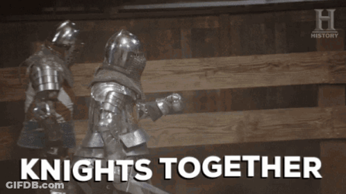 Two Knights Fighting In Front Of Wooden Wall With Knights Together GIF