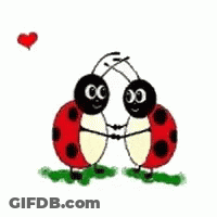 Two Ladybugs Hugging In Grass With Hearts GIF
