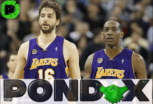 Two Lakers Players Are Shaking Hands In Front Of A Pondx Logo GIF