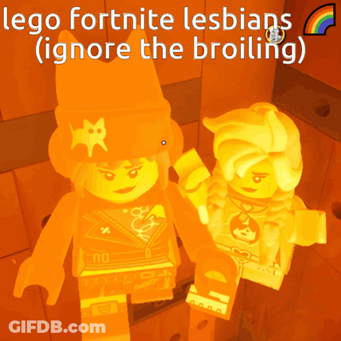 Two Lego Figures Standing Next To Each Other With The Words Lego Fortnite Lesbians ( Ignore The Broiling ) Below Them GIF