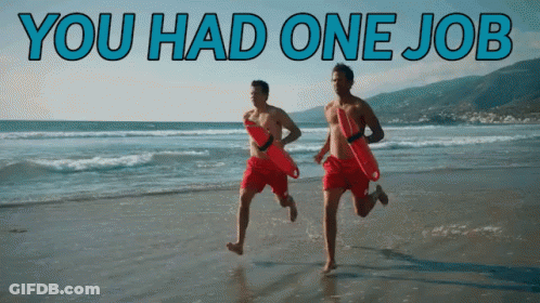 Two Lifeguards Running On The Beach With The Words " You Had One Job " Behind Them GIF