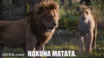 Two Lions Standing Next To Each Other In The Grass With The Words Hakuna Matata Written On The Bottom . GIF