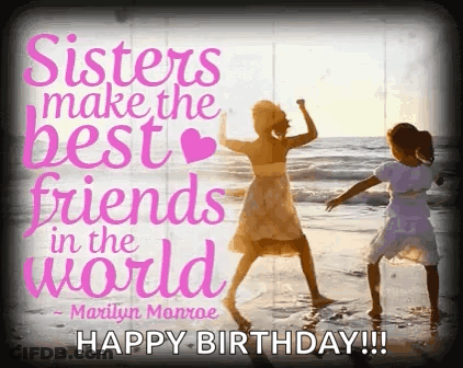 Two Little Girls Are Dancing On The Beach With A Quote From Marilyn Monroe . GIF