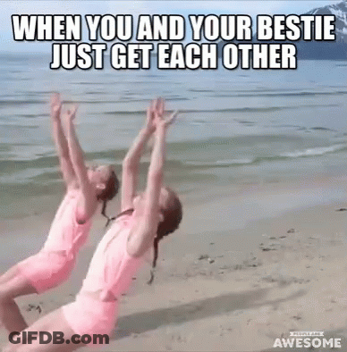 Two Little Girls Are Doing A Yoga Pose On The Beach With The Caption When You And Your Bestie Just Get Each Other GIF