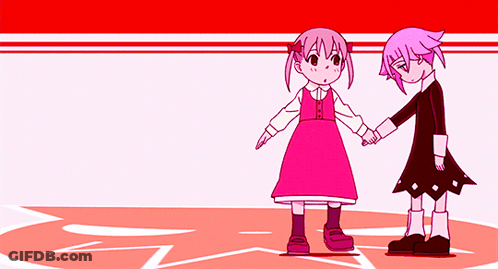 Two Little Girls Holding Hands In Front Of A Red Background GIF