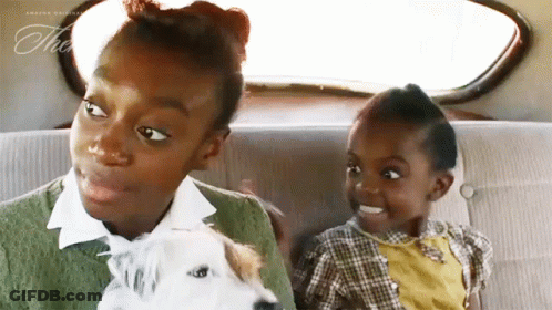 Two Little Girls In Back Seat With Dog GIF