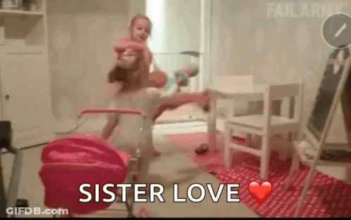 Two Little Girls Playing With Stroller And Table GIF