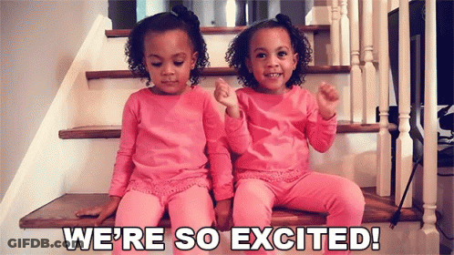 Two Little Girls Sitting On Stairs Saying We're So Excited GIF
