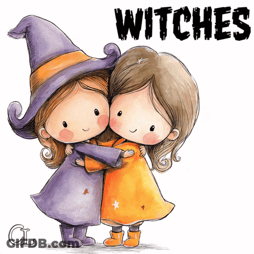 Two Little Witches Hugging Saying Witches GIF