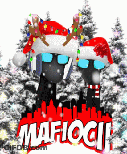 Two Mannequins In Santa Hats And Sunglasses In Front Of Mafioli Sign GIF