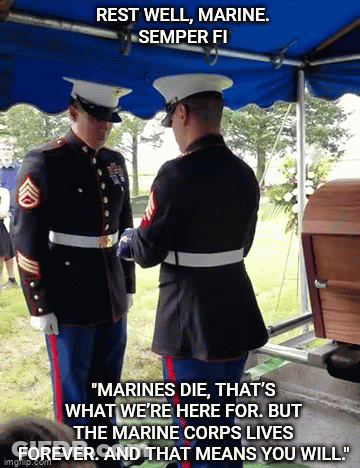 Two Marines Are Standing In Front Of A Coffin With The Caption Rest Well Marine GIF