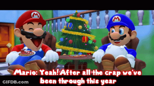 Two Mario Characters Are Sitting In Front Of A Christmas Tree And Talking GIF