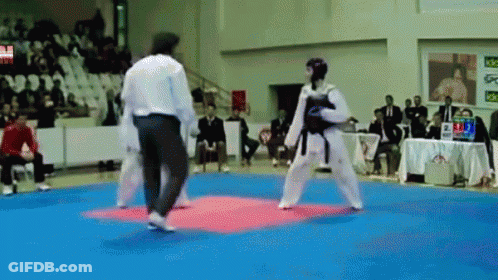 Two Martial Arts Fighters Are Fighting On A Blue Mat In Front Of A Crowd Watching GIF