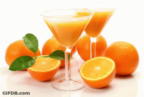 Two Martini Glasses Filled With Orange Juice Are Next To Oranges GIF