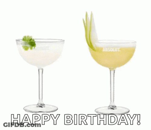 Two Martini Glasses With The Words " Happy Birthday " Written On The Bottom GIF