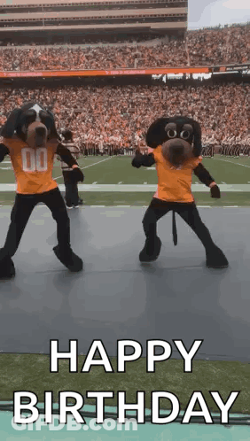 Two Mascots Are Dancing On A Football Field And The Words Happy Birthday Are Written Below Them GIF