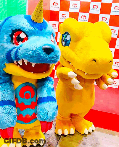Two Mascots Are Standing Next To Each Other And One Has A Horn GIF