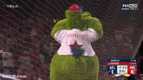 Two Mascots On Baseball Field, One In Phillies GIF