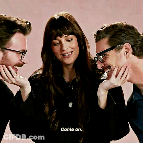 Two Men And A Woman Are Laughing Together And The Woman Says Come On GIF