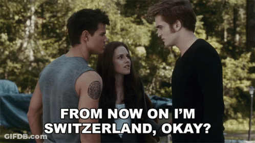 Two Men And A Woman Are Standing Next To Each Other With A Caption That Says From Now On I 'M Switzerland GIF