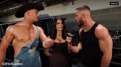 Two Men And A Woman Are Talking With A Microphone That Says Raw GIF