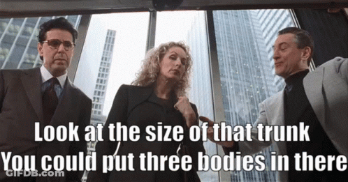 Two Men And A Woman Look At The Size Of That Trunk GIF