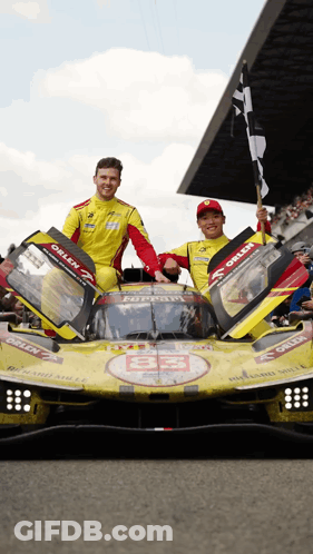 Two Men And Yellow Orlen Race Car GIF