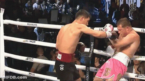 Two Men Are Boxing In A Ring That Has Hennessy Branded Ropes GIF