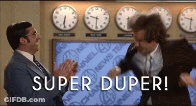 Two Men Are Clapping In Front Of A Wall Of Clocks With The Words `` Super Duper '' Written On It . GIF